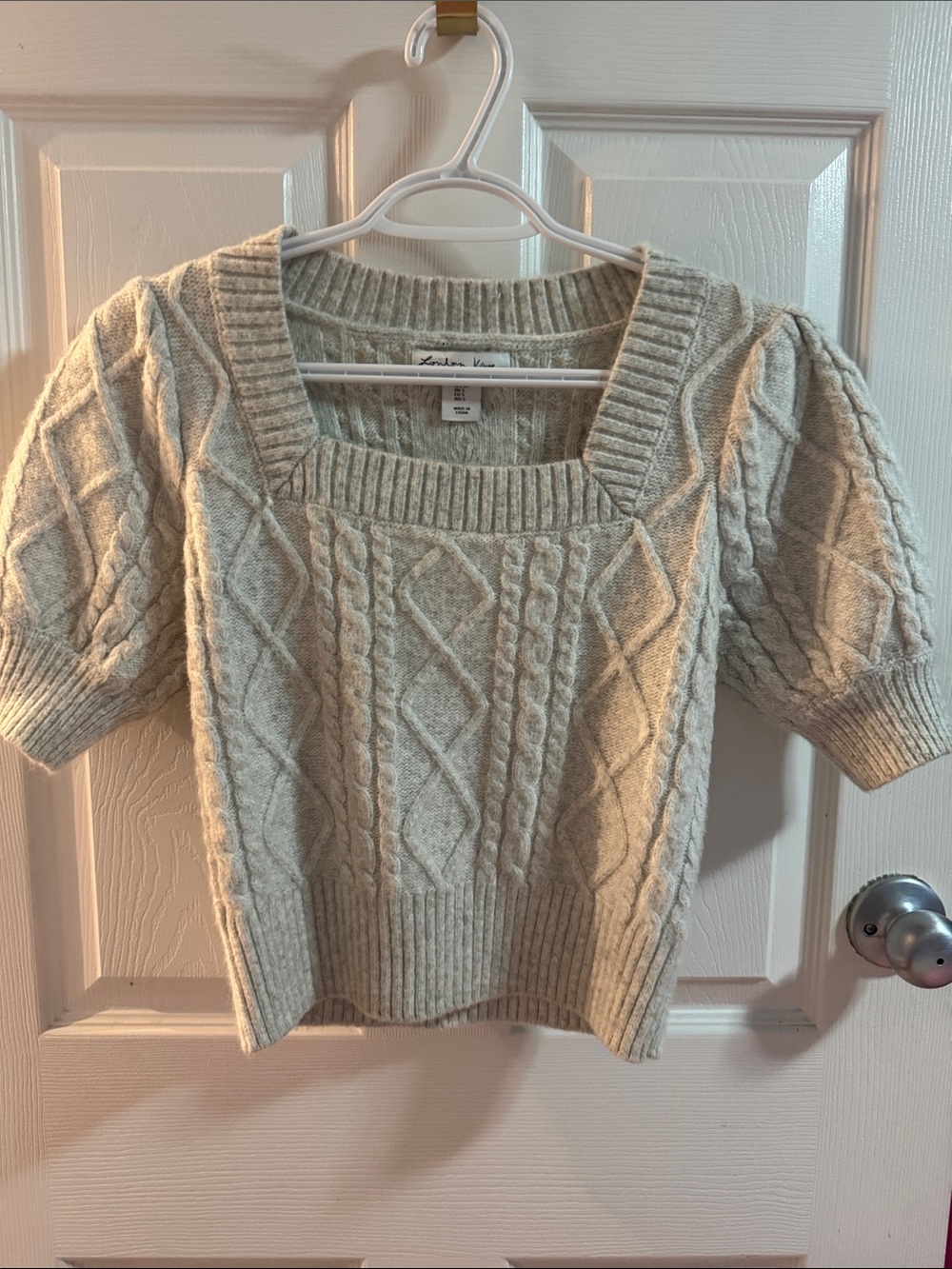 Square-Neck Cable Knit Short Sleeve Sweater in Cream